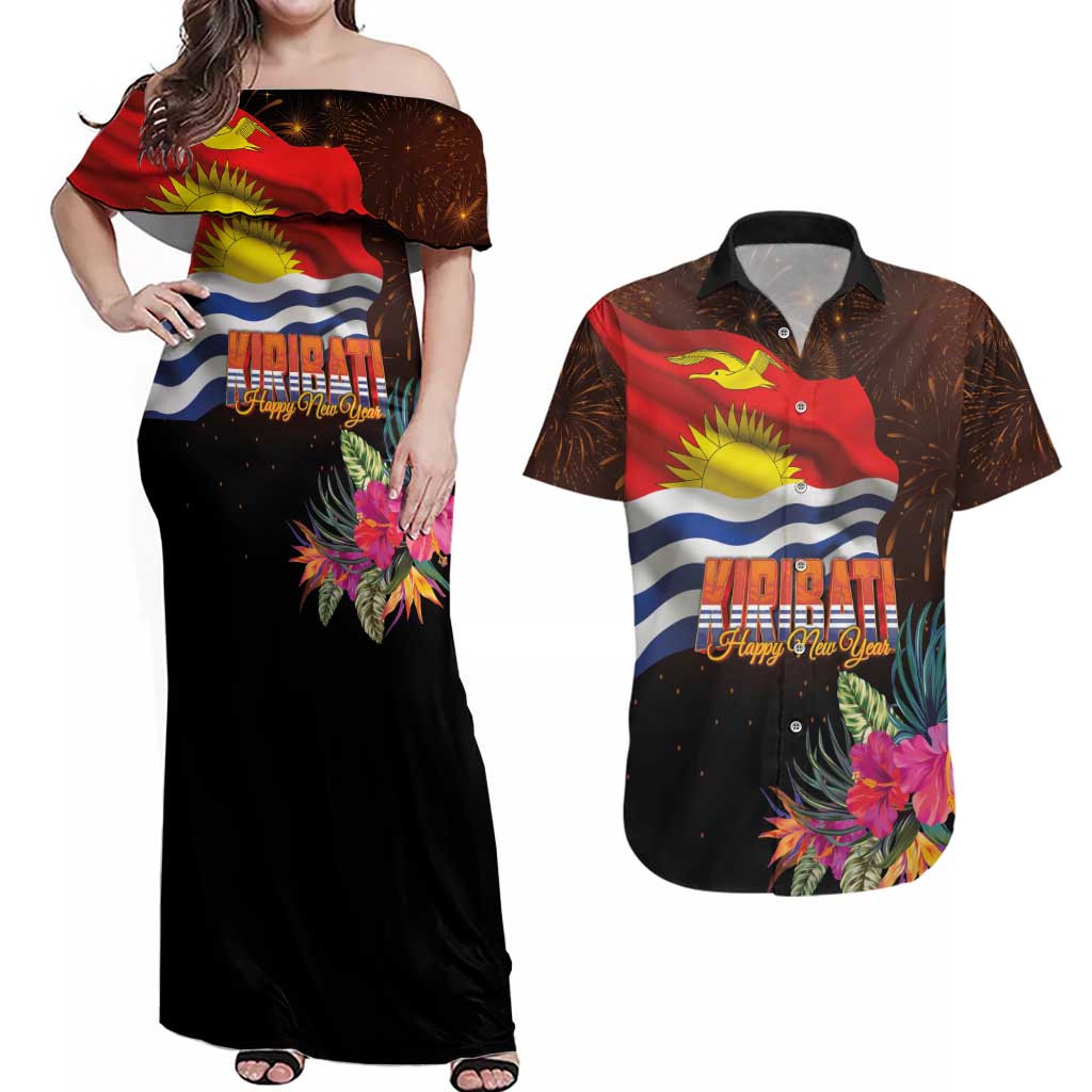Kiribati Flag and Fireworks Couples Matching Off Shoulder Maxi Dress and Hawaiian Shirt First Place Welcome the New Year LT03 Black - Polynesian Pride