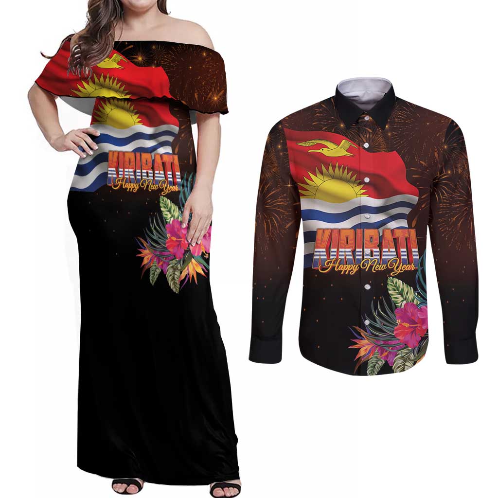 Kiribati Flag and Fireworks Couples Matching Off Shoulder Maxi Dress and Long Sleeve Button Shirt First Place Welcome the New Year LT03 Black - Polynesian Pride