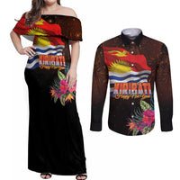 Kiribati Flag and Fireworks Couples Matching Off Shoulder Maxi Dress and Long Sleeve Button Shirt First Place Welcome the New Year LT03 Black - Polynesian Pride