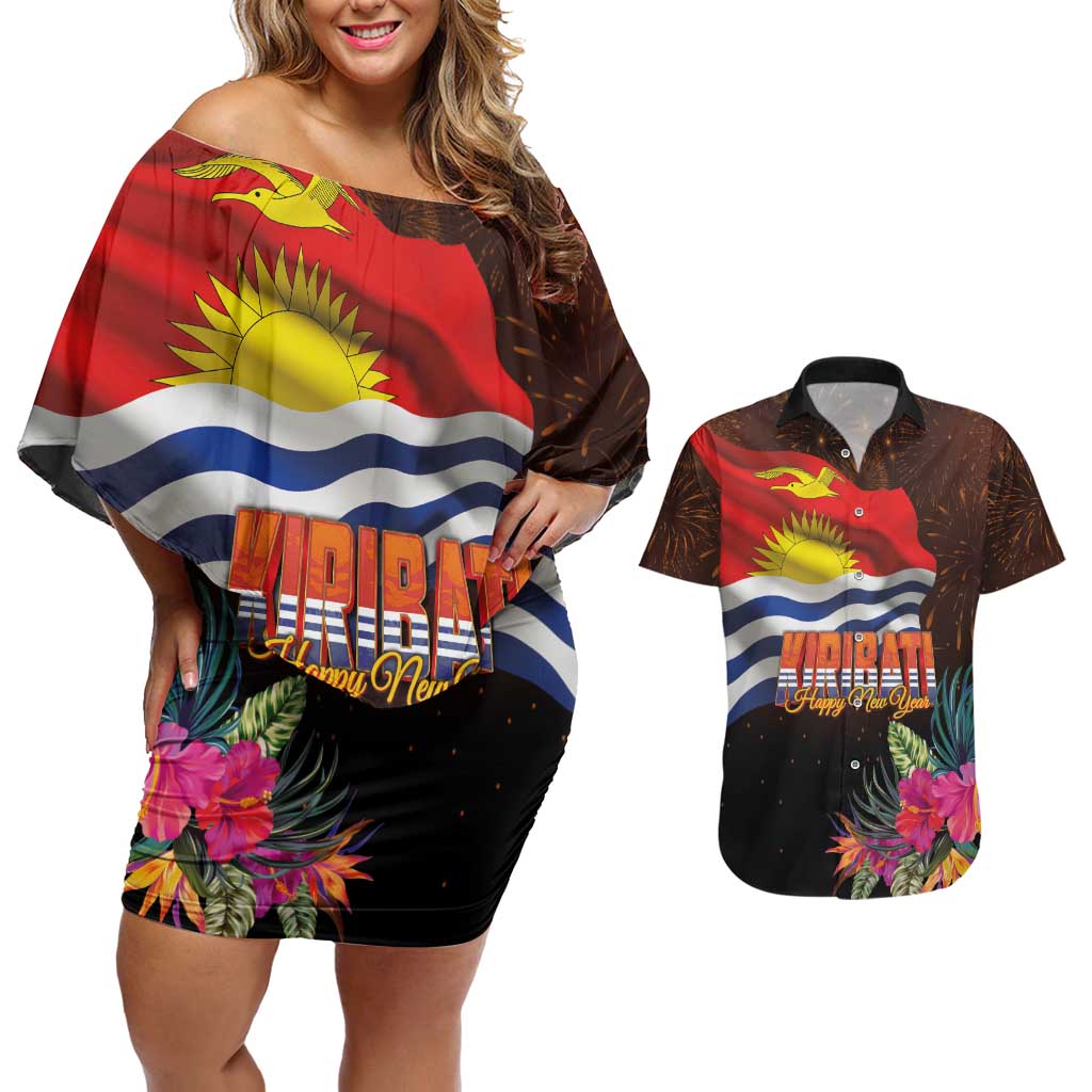 Kiribati Flag and Fireworks Couples Matching Off Shoulder Short Dress and Hawaiian Shirt First Place Welcome the New Year LT03 Black - Polynesian Pride