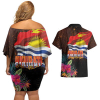 Kiribati Flag and Fireworks Couples Matching Off Shoulder Short Dress and Hawaiian Shirt First Place Welcome the New Year LT03 - Polynesian Pride