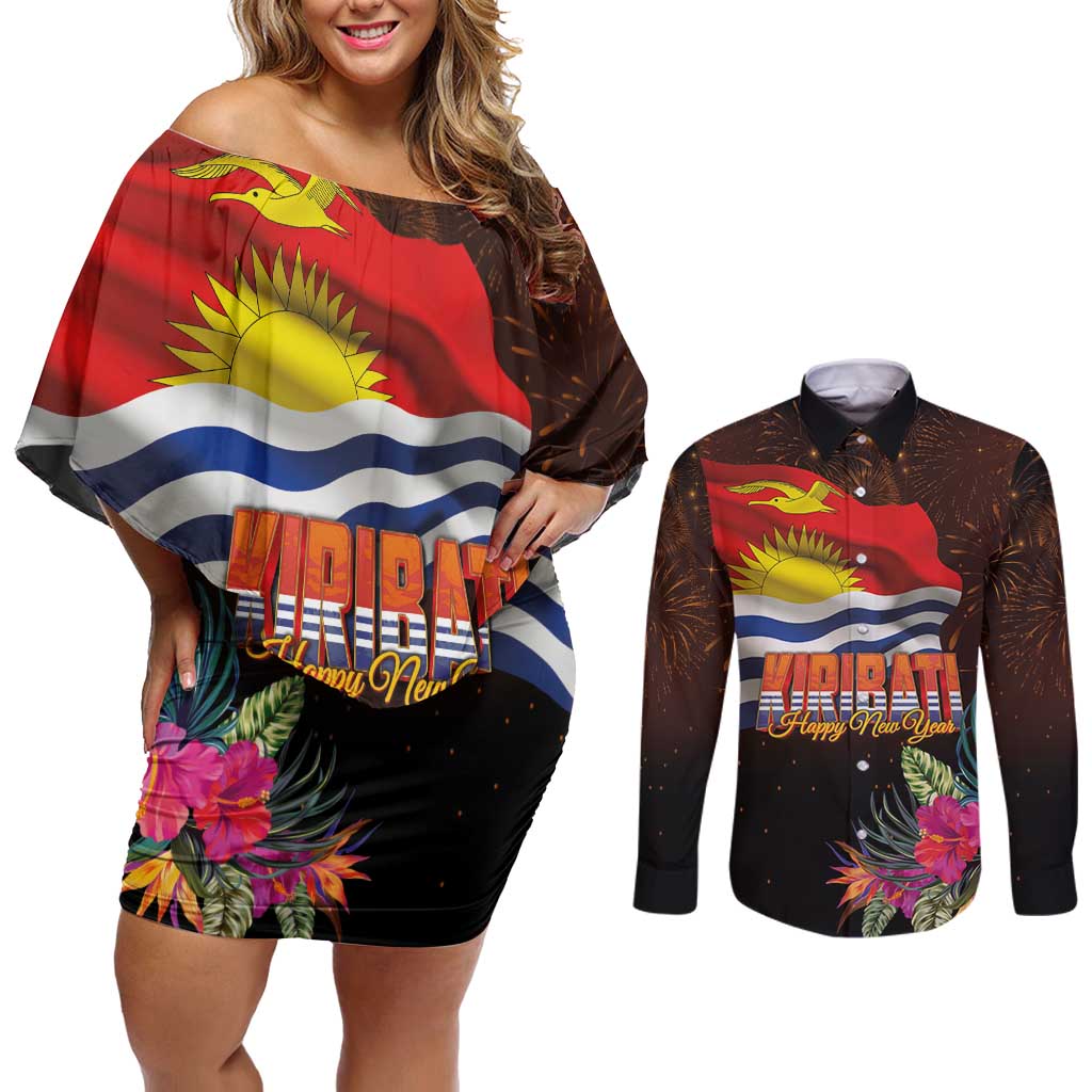 Kiribati Flag and Fireworks Couples Matching Off Shoulder Short Dress and Long Sleeve Button Shirt First Place Welcome the New Year LT03 Black - Polynesian Pride