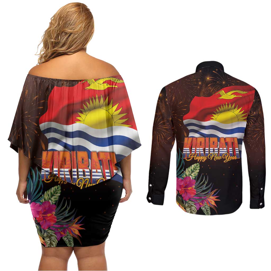 Kiribati Flag and Fireworks Couples Matching Off Shoulder Short Dress and Long Sleeve Button Shirt First Place Welcome the New Year LT03 - Polynesian Pride