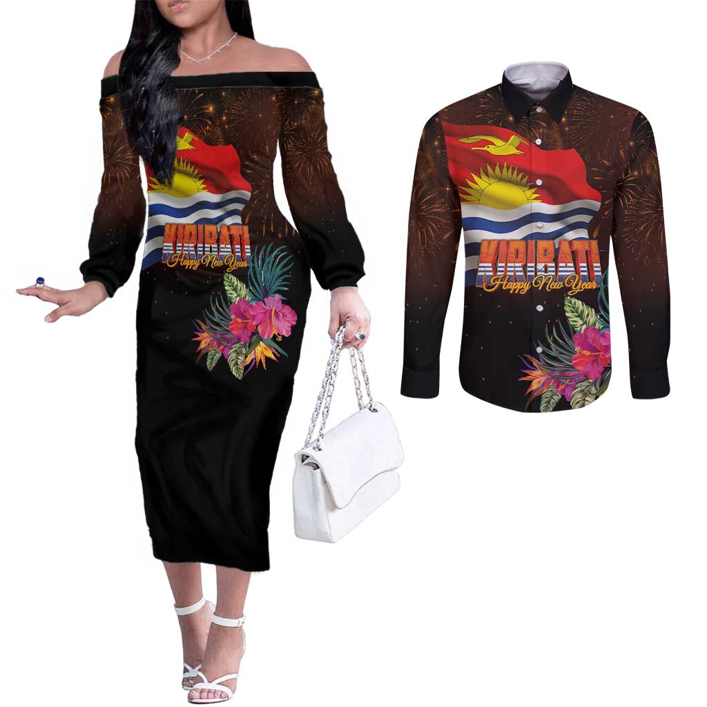 Kiribati Flag and Fireworks Couples Matching Off The Shoulder Long Sleeve Dress and Long Sleeve Button Shirt First Place Welcome the New Year LT03 Black - Polynesian Pride