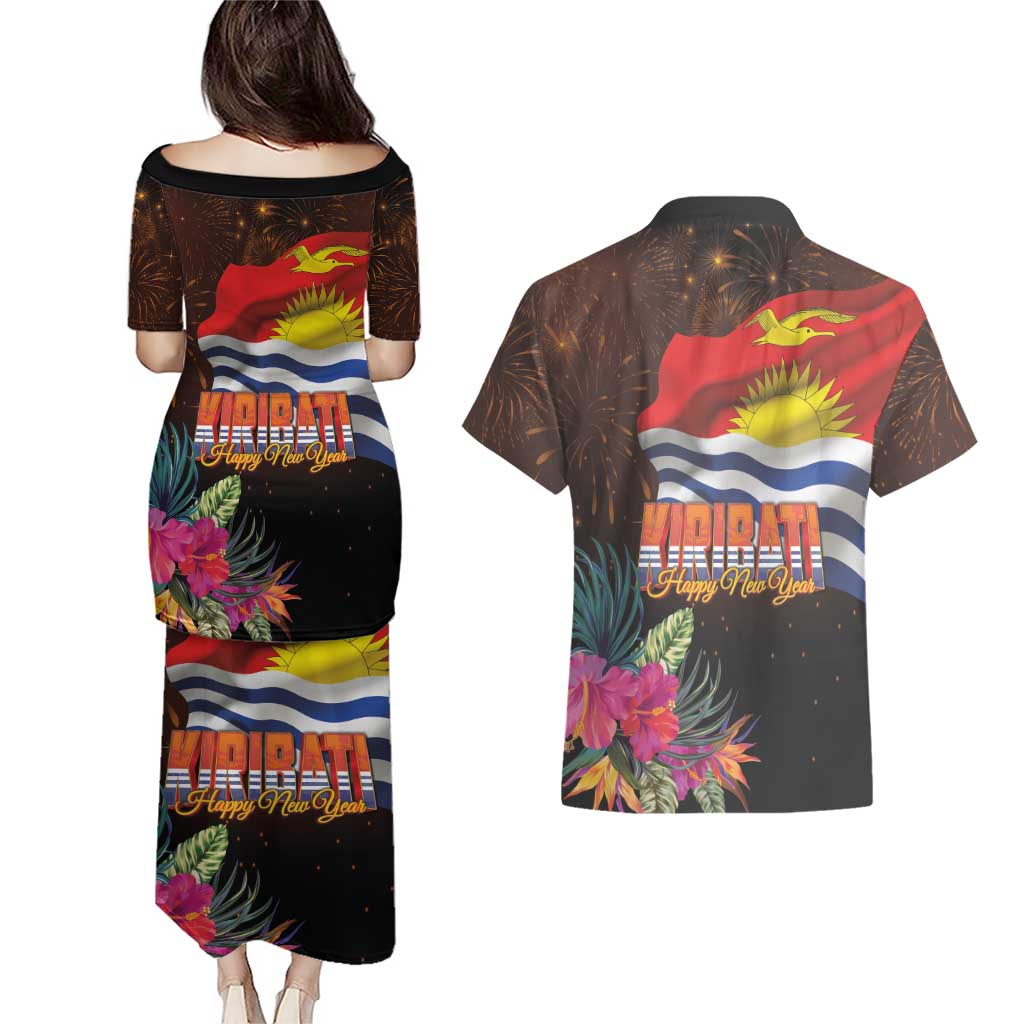 Kiribati Flag and Fireworks Couples Matching Puletasi and Hawaiian Shirt First Place Welcome the New Year LT03 - Polynesian Pride