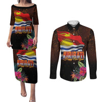 Kiribati Flag and Fireworks Couples Matching Puletasi and Long Sleeve Button Shirt First Place Welcome the New Year - Polynesian Pride