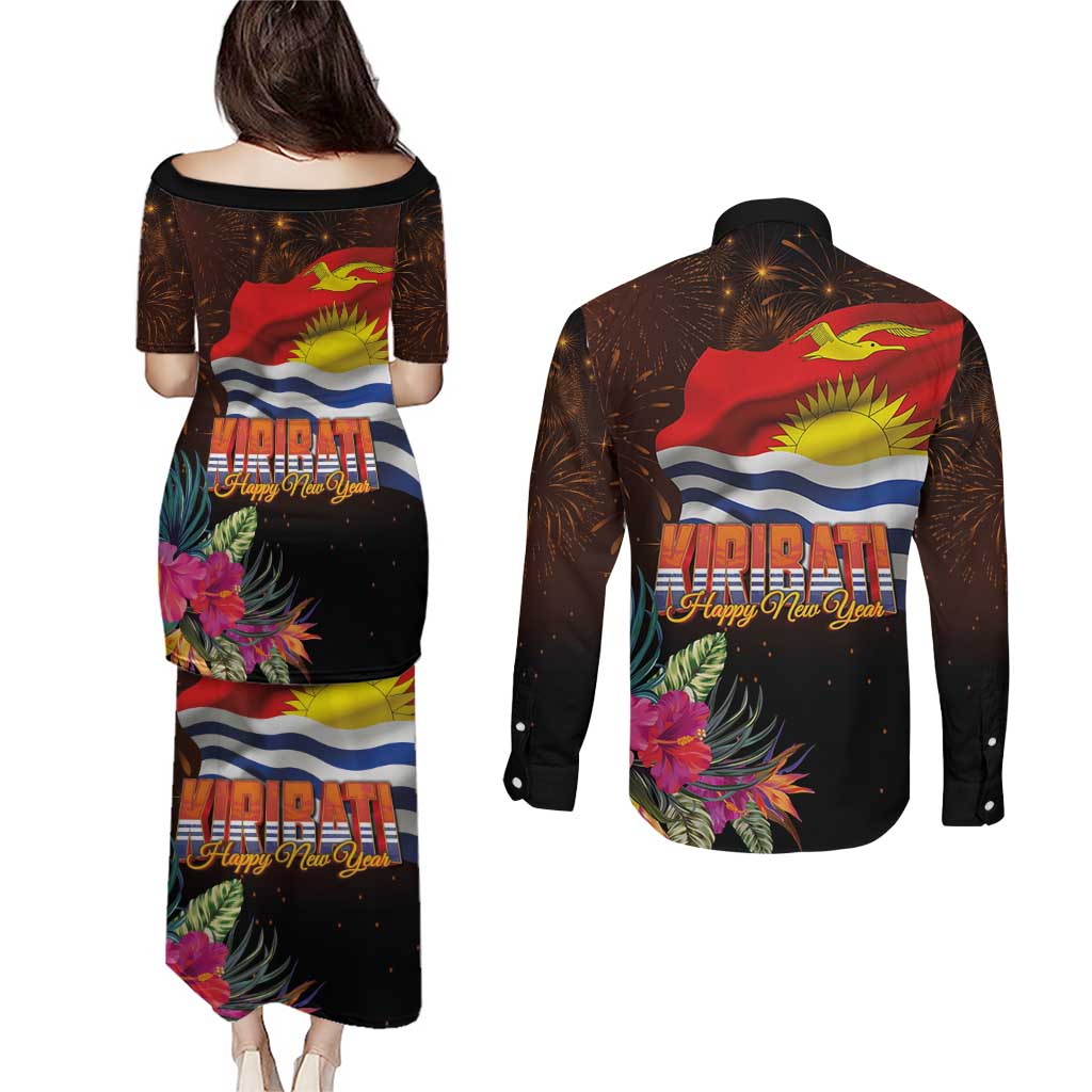 Kiribati Flag and Fireworks Couples Matching Puletasi and Long Sleeve Button Shirt First Place Welcome the New Year - Polynesian Pride