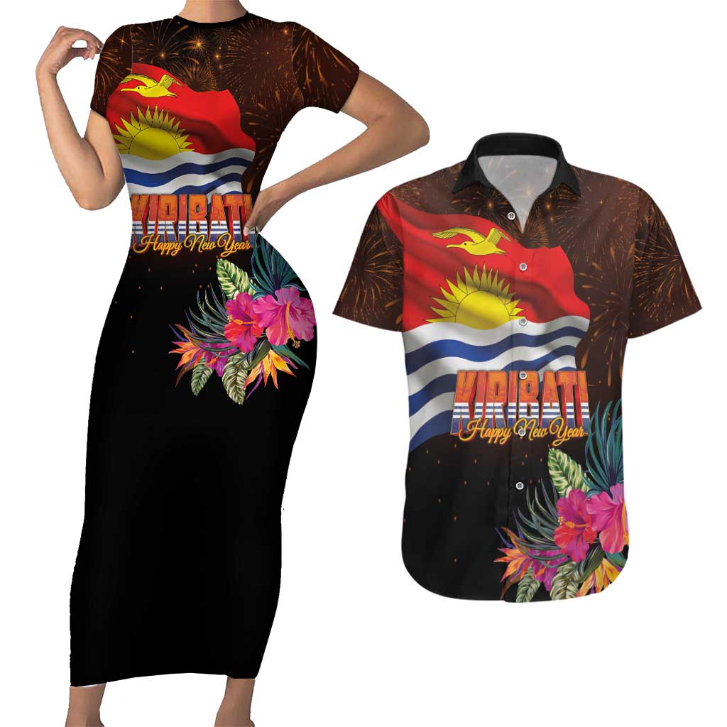 Kiribati Flag and Fireworks Couples Matching Short Sleeve Bodycon Dress and Hawaiian Shirt First Place Welcome the New Year LT03 Black - Polynesian Pride