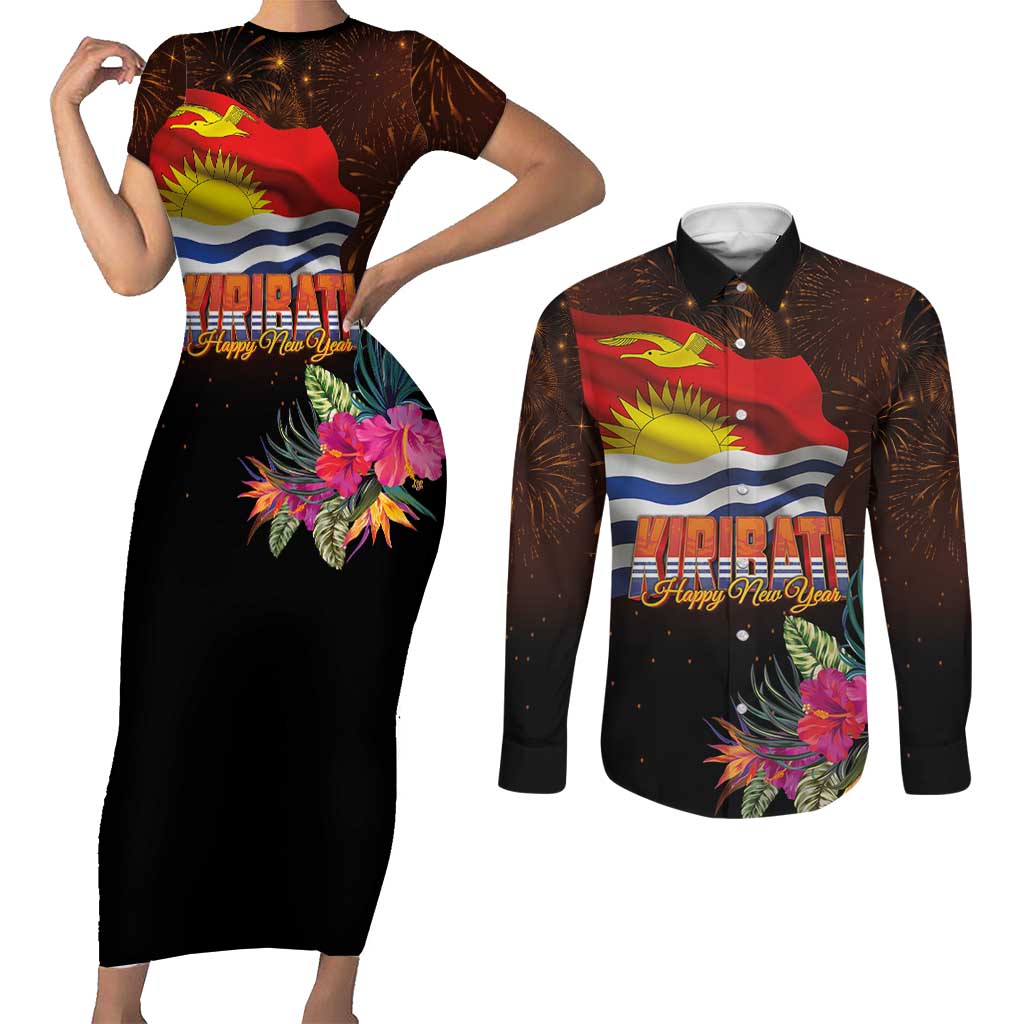 Kiribati Flag and Fireworks Couples Matching Short Sleeve Bodycon Dress and Long Sleeve Button Shirt First Place Welcome the New Year LT03 Black - Polynesian Pride