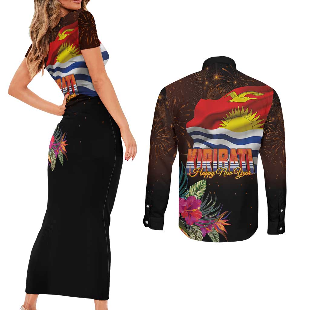 Kiribati Flag and Fireworks Couples Matching Short Sleeve Bodycon Dress and Long Sleeve Button Shirt First Place Welcome the New Year LT03 - Polynesian Pride