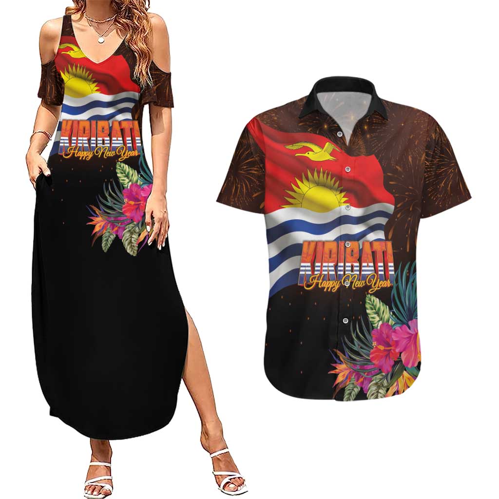 Kiribati Flag and Fireworks Couples Matching Summer Maxi Dress and Hawaiian Shirt First Place Welcome the New Year LT03 Black - Polynesian Pride