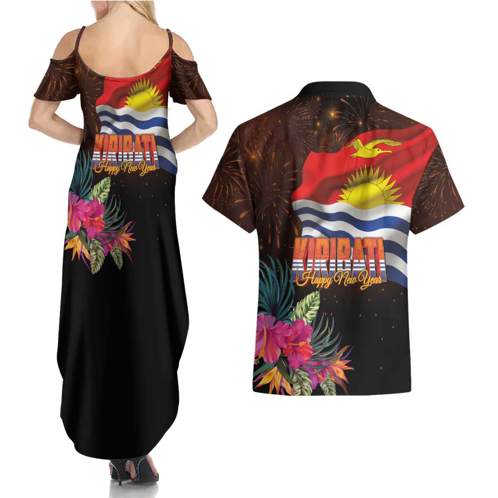 Kiribati Flag and Fireworks Couples Matching Summer Maxi Dress and Hawaiian Shirt First Place Welcome the New Year LT03 - Polynesian Pride