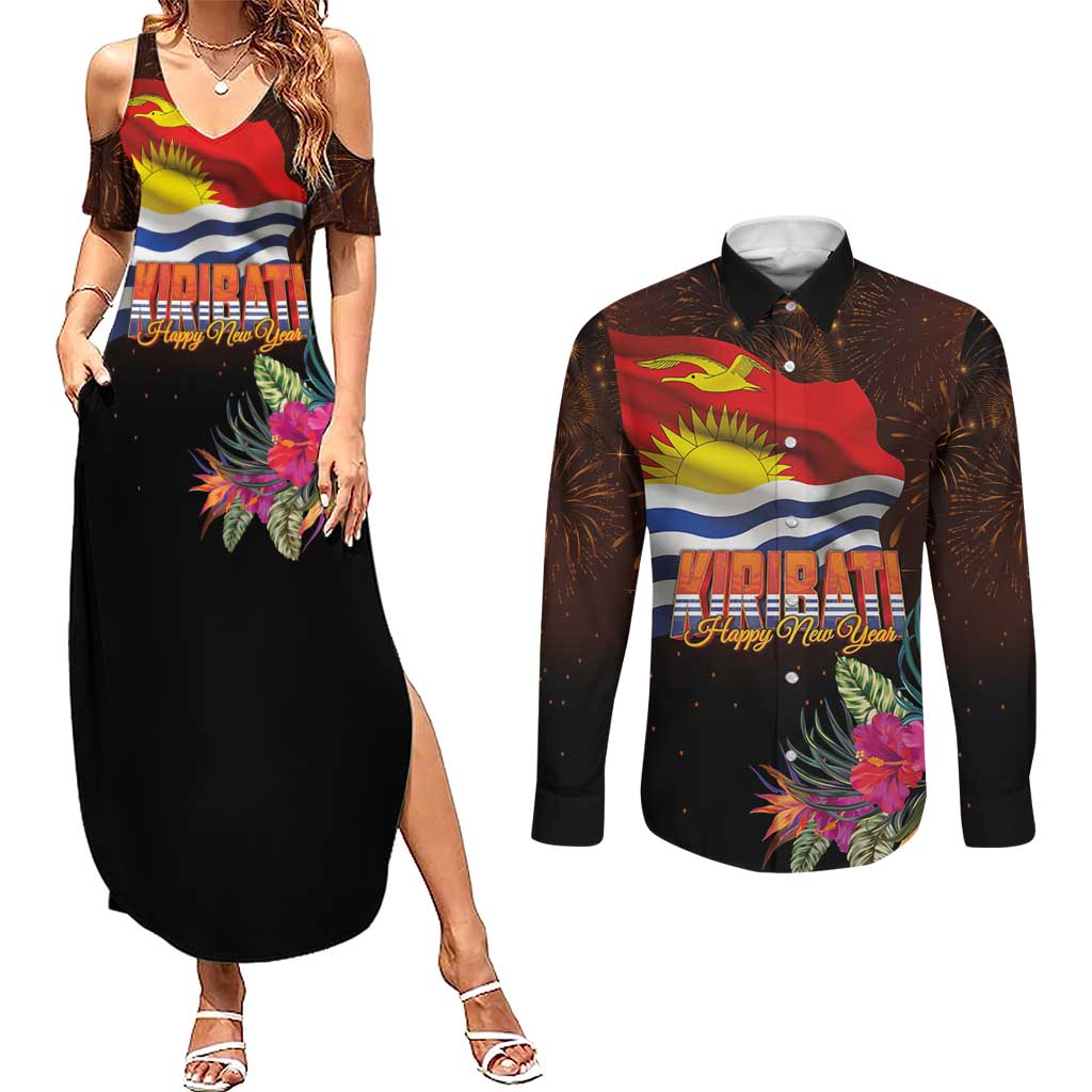 Kiribati Flag and Fireworks Couples Matching Summer Maxi Dress and Long Sleeve Button Shirt First Place Welcome the New Year LT03 Black - Polynesian Pride