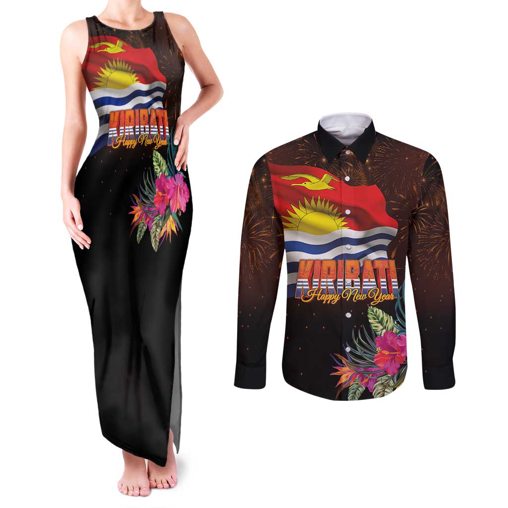Kiribati Flag and Fireworks Couples Matching Tank Maxi Dress and Long Sleeve Button Shirt First Place Welcome the New Year LT03 Black - Polynesian Pride