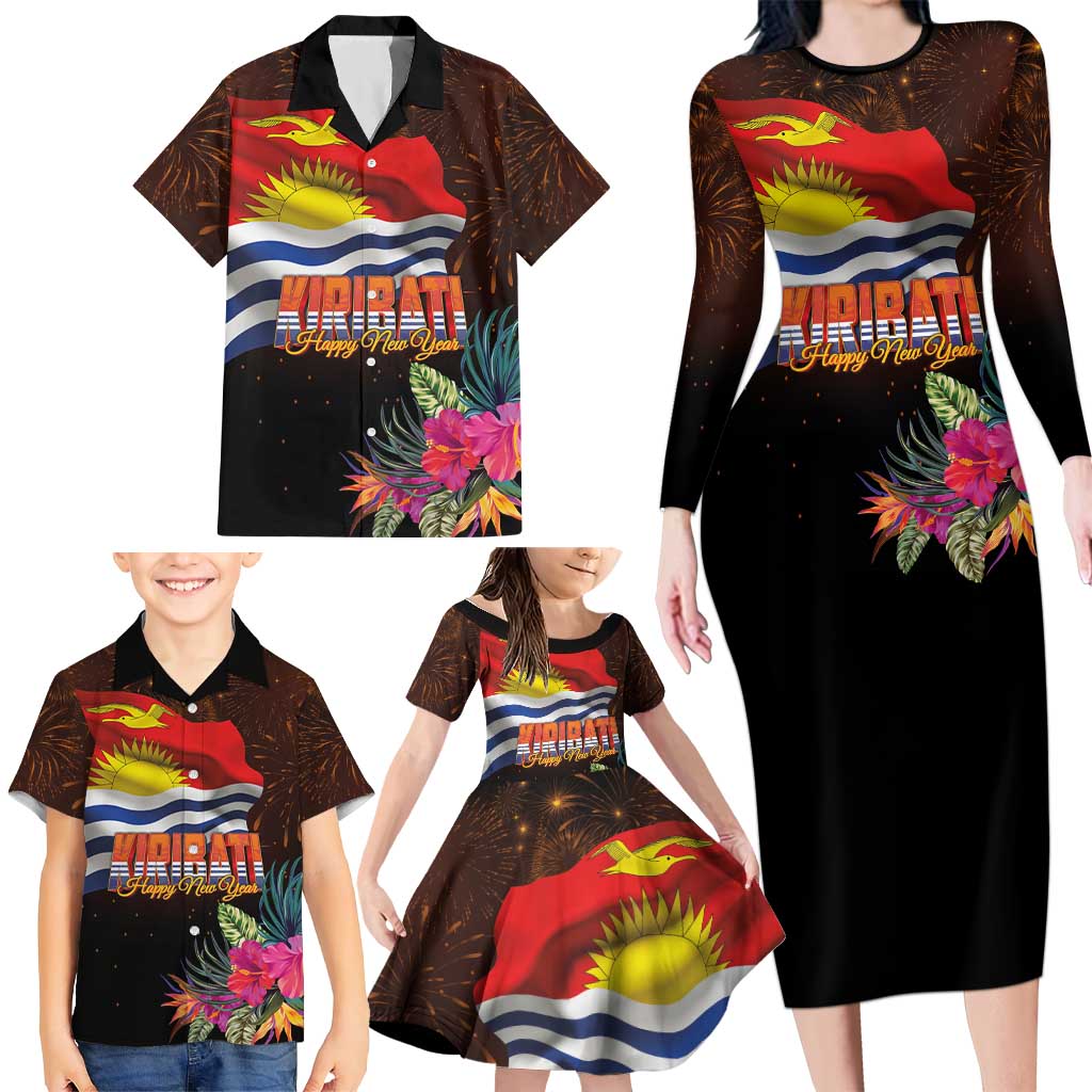 Kiribati Flag and Fireworks Family Matching Long Sleeve Bodycon Dress and Hawaiian Shirt First Place Welcome the New Year - Polynesian Pride