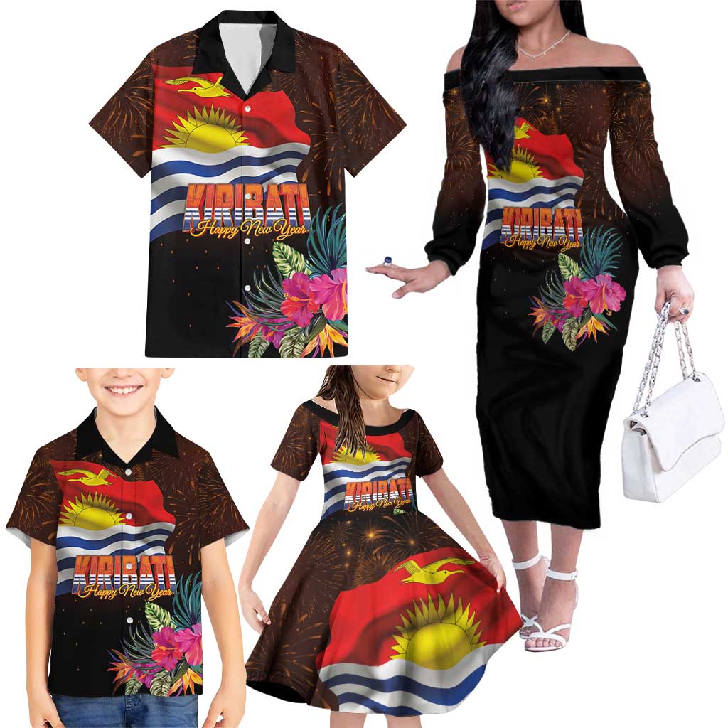 Kiribati Flag and Fireworks Family Matching Off The Shoulder Long Sleeve Dress and Hawaiian Shirt First Place Welcome the New Year - Polynesian Pride