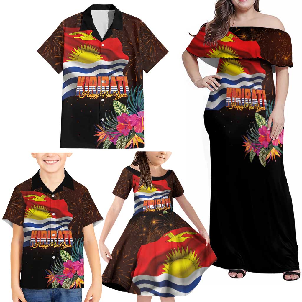 Kiribati Flag and Fireworks Family Matching Off Shoulder Maxi Dress and Hawaiian Shirt First Place Welcome the New Year LT03 - Polynesian Pride