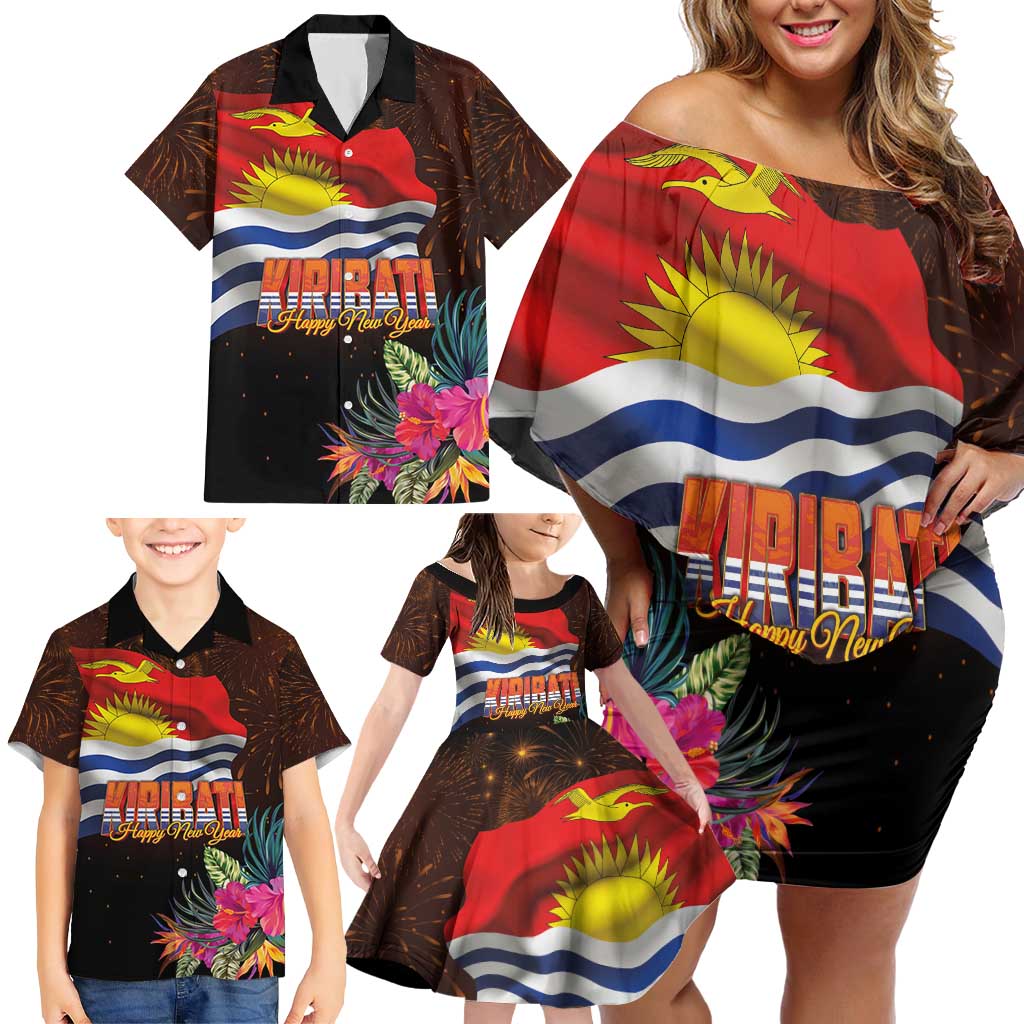 Kiribati Flag and Fireworks Family Matching Off Shoulder Short Dress and Hawaiian Shirt First Place Welcome the New Year - Polynesian Pride