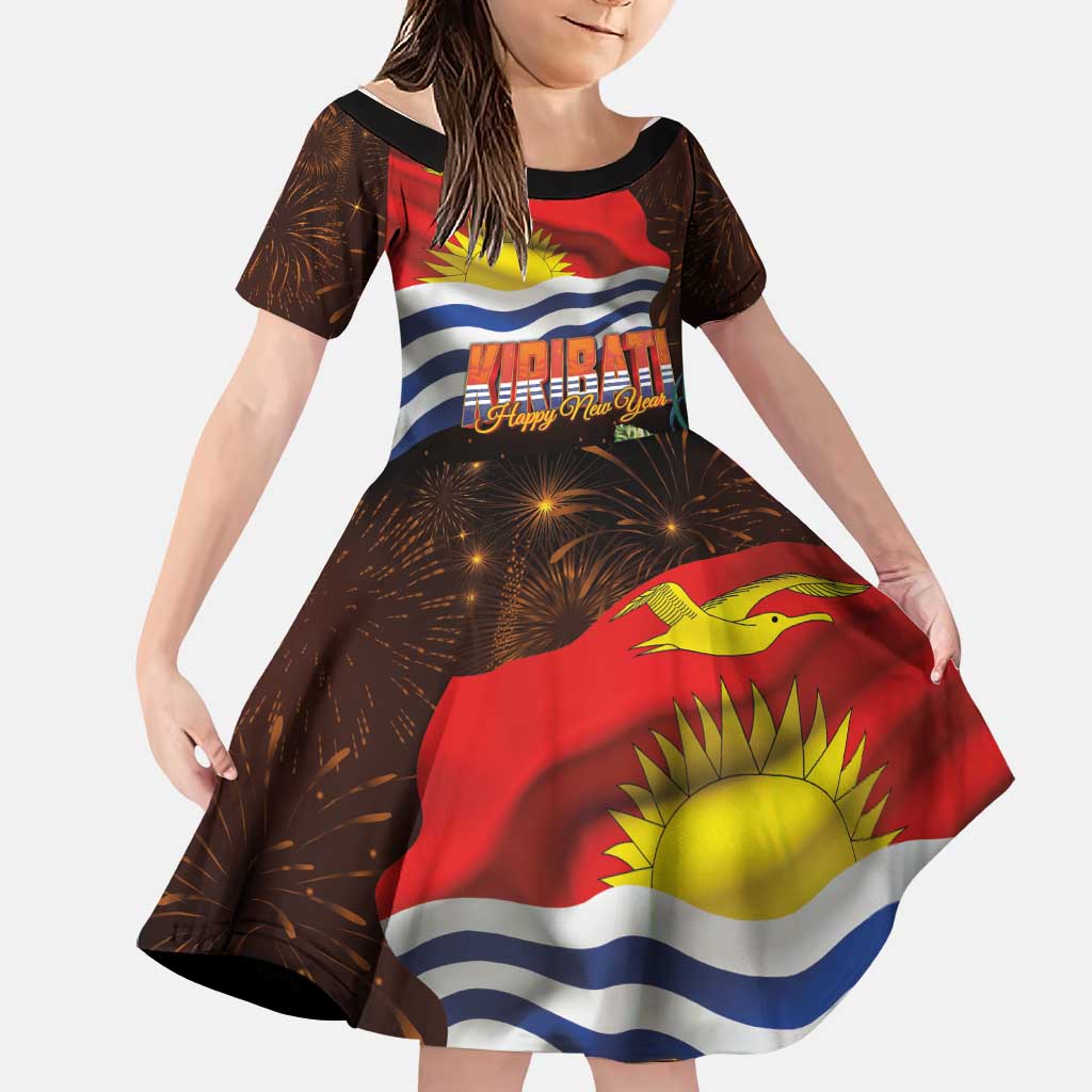 Kiribati Flag and Fireworks Family Matching Puletasi and Hawaiian Shirt First Place Welcome the New Year LT03 Daughter's Dress Black - Polynesian Pride