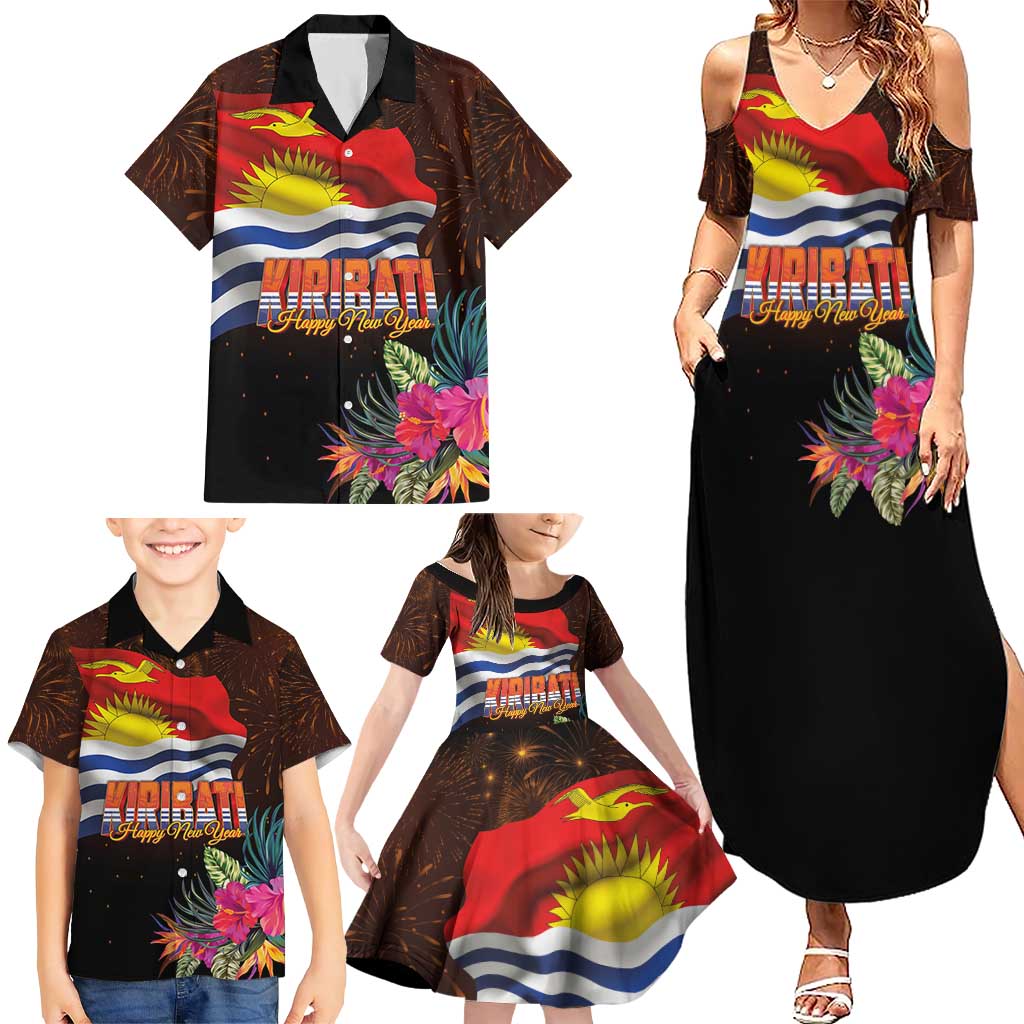 Kiribati Flag and Fireworks Family Matching Summer Maxi Dress and Hawaiian Shirt First Place Welcome the New Year LT03 - Polynesian Pride
