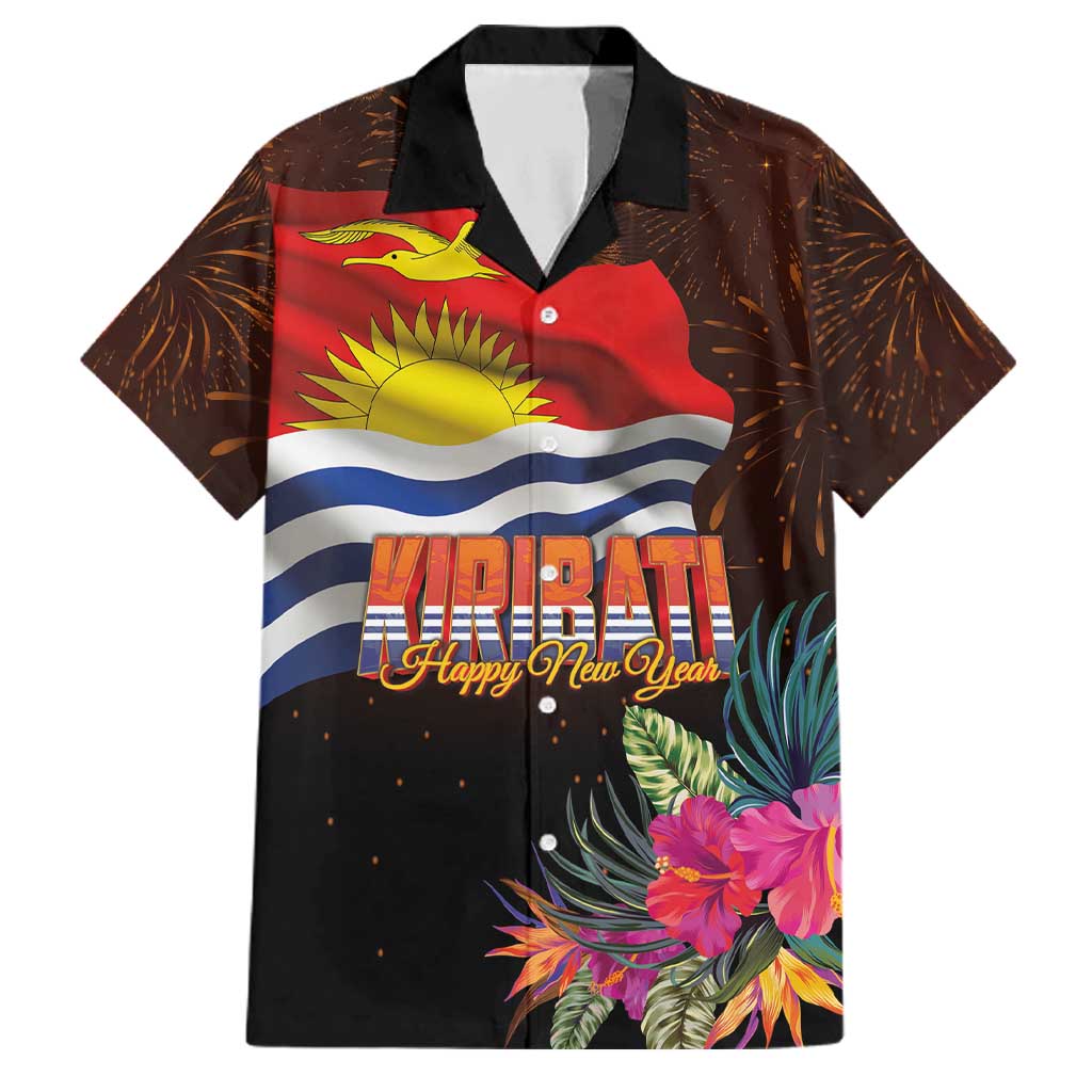 Kiribati Flag and Fireworks Family Matching Summer Maxi Dress and Hawaiian Shirt First Place Welcome the New Year LT03 Dad's Shirt - Short Sleeve Black - Polynesian Pride