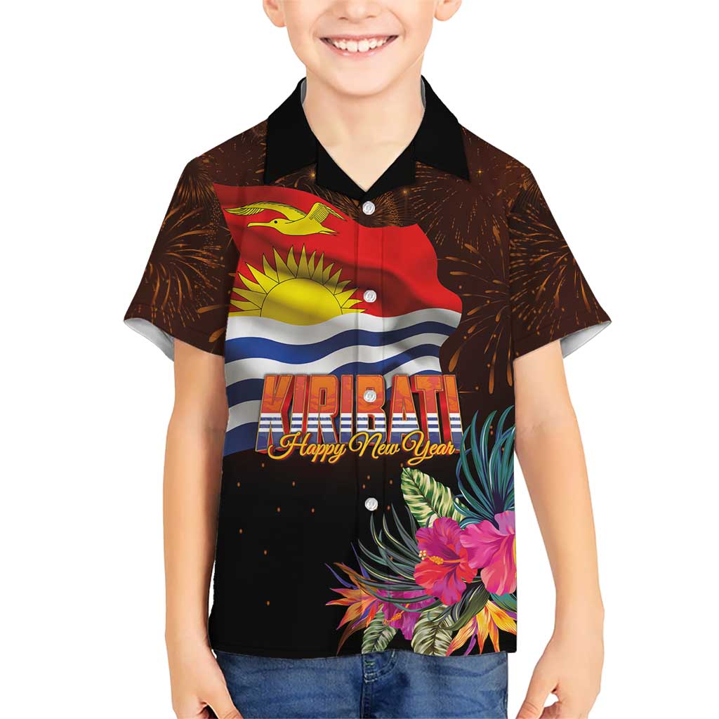 Kiribati Flag and Fireworks Family Matching Summer Maxi Dress and Hawaiian Shirt First Place Welcome the New Year LT03 Son's Shirt Black - Polynesian Pride