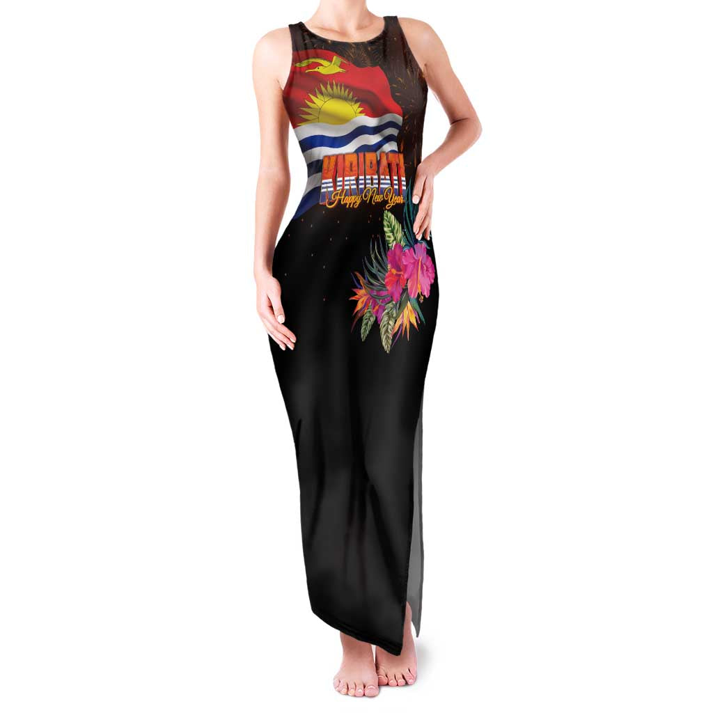 Kiribati Flag and Fireworks Family Matching Tank Maxi Dress and Hawaiian Shirt First Place Welcome the New Year LT03 Mom's Dress Black - Polynesian Pride