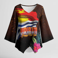Kiribati Flag and Fireworks Kimono Sleeve Blouse First Place Welcome the New Year LT03 Female Black - Polynesian Pride