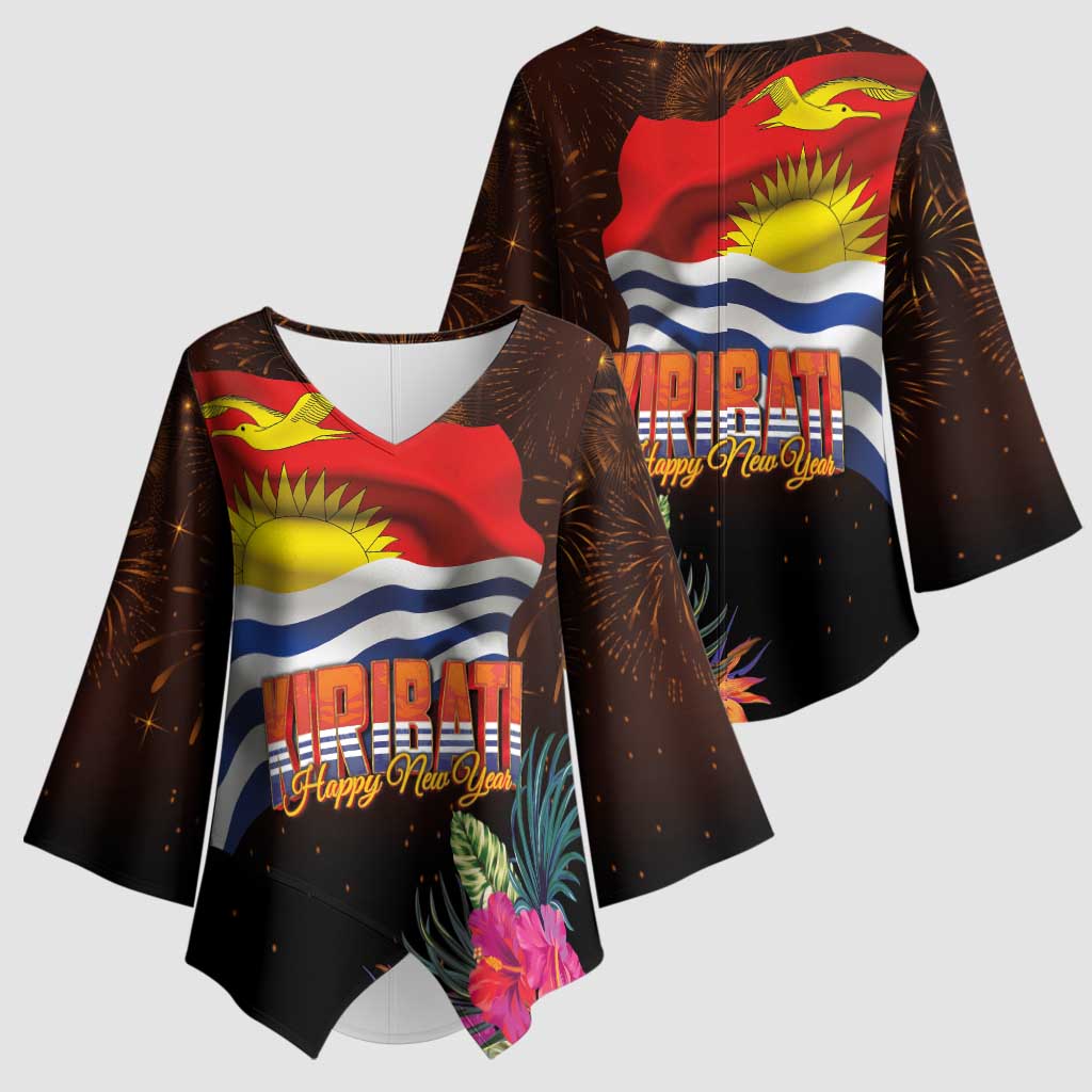 Kiribati Flag and Fireworks Kimono Sleeve Blouse First Place Welcome the New Year LT03 - Polynesian Pride