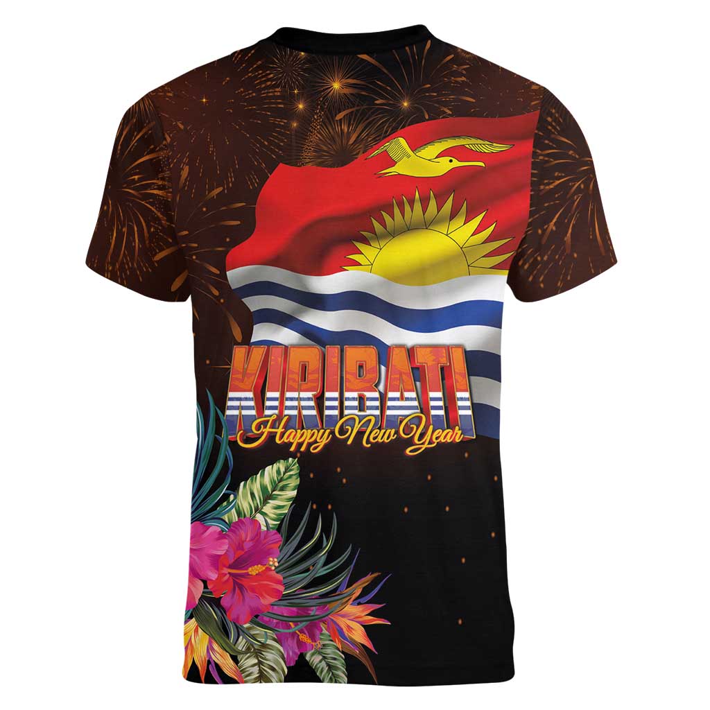 Kiribati Flag and Fireworks Women V-Neck T-Shirt First Place Welcome the New Year LT03 - Polynesian Pride