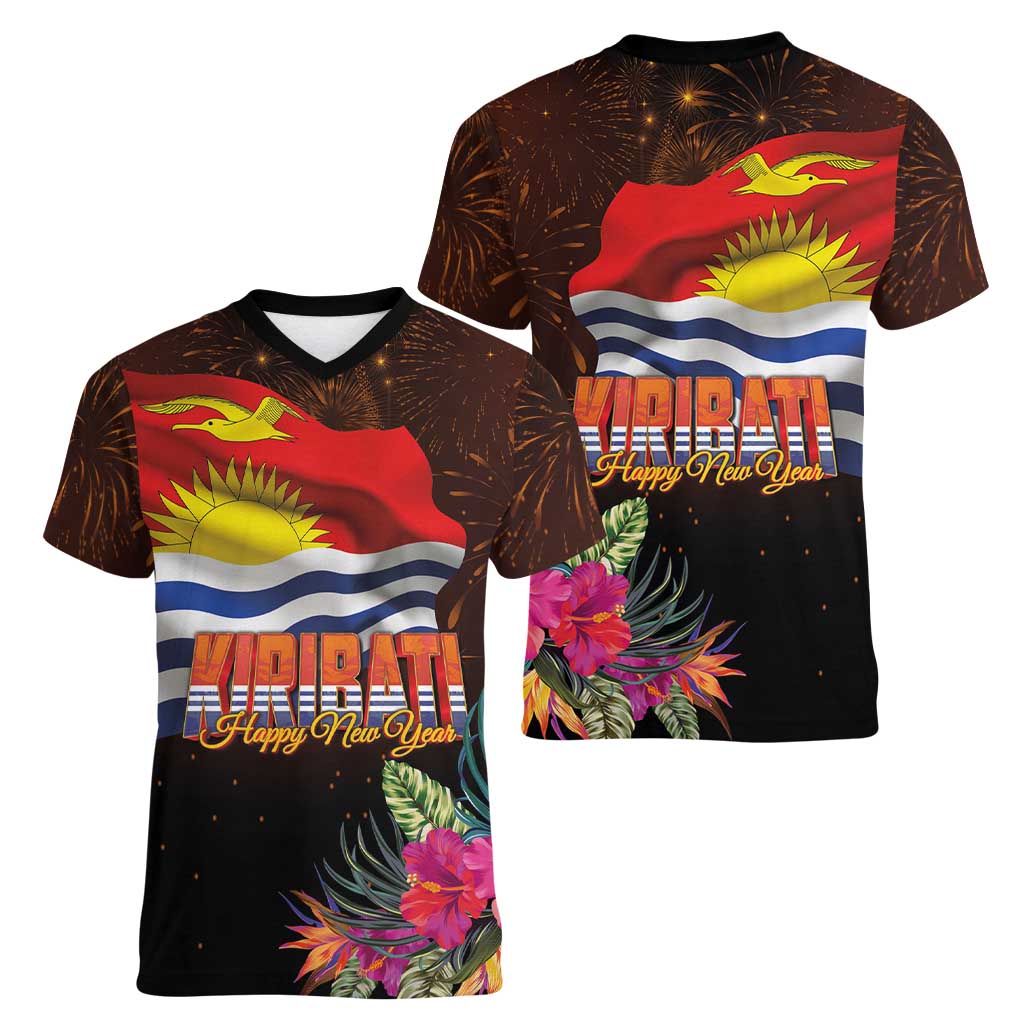 Kiribati Flag and Fireworks Women V-Neck T-Shirt First Place Welcome the New Year LT03 - Polynesian Pride