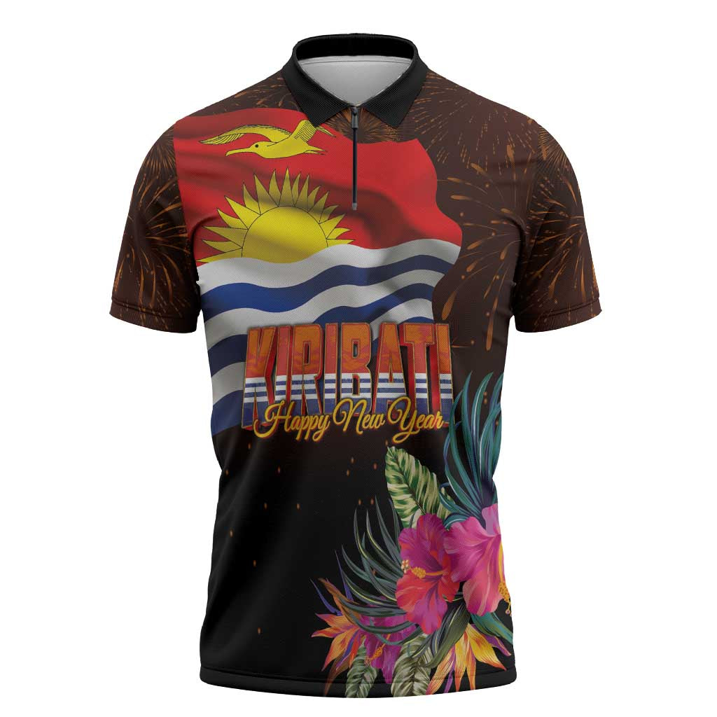 Kiribati Flag and Fireworks Zipper Polo Shirt First Place Welcome the New Year - Polynesian Pride