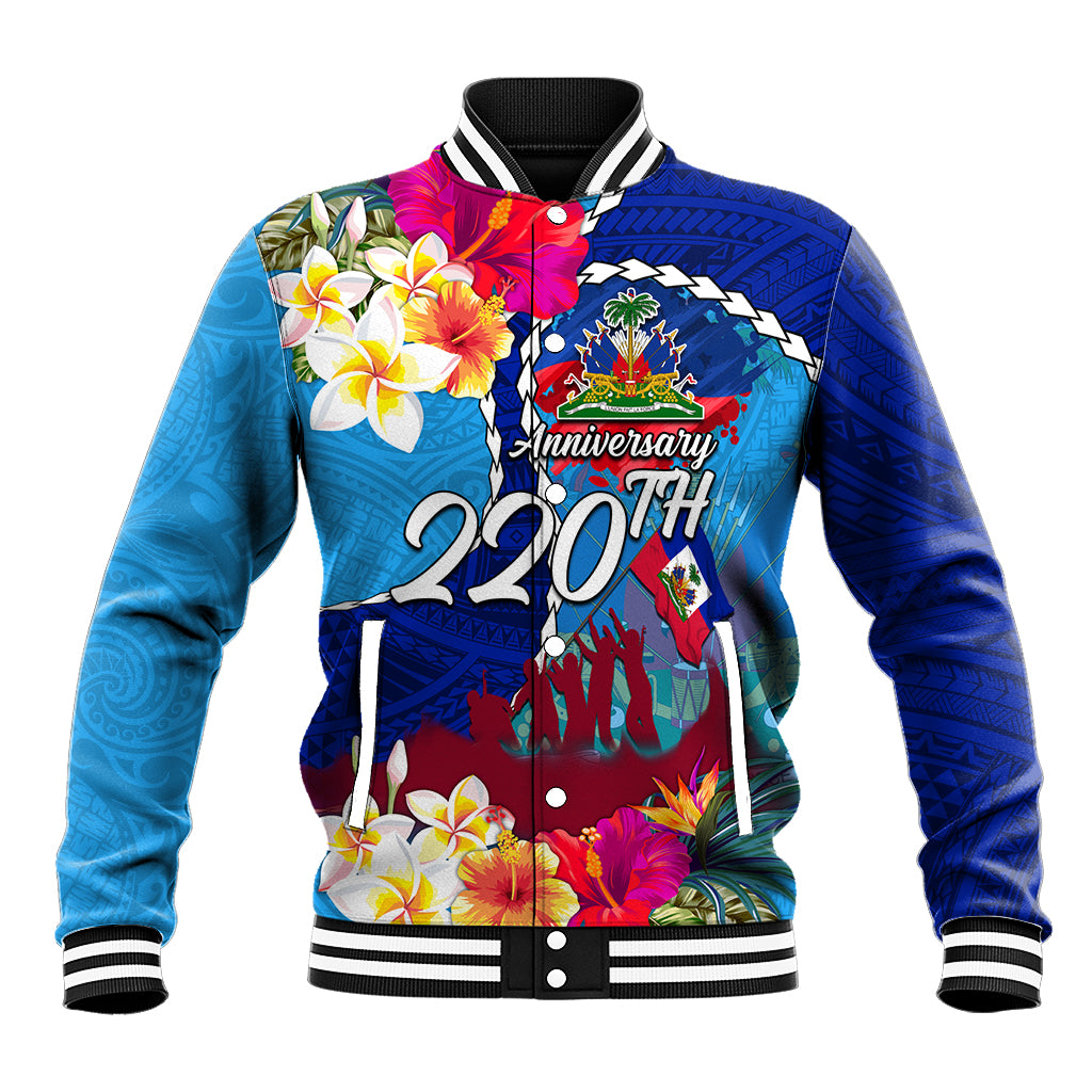 Personalised Haiti 220th Anniversary Independence Day Baseball Jacket Ayiti Flower with Polynesian Pattern LT03 Unisex Blue - Polynesian Pride