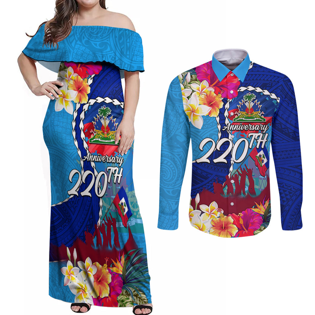 Personalised Haiti 220th Anniversary Independence Day Couples Matching Off Shoulder Maxi Dress and Long Sleeve Button Shirt Ayiti Flower with Polynesian Pattern LT03 Blue - Polynesian Pride