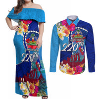 Personalised Haiti 220th Anniversary Independence Day Couples Matching Off Shoulder Maxi Dress and Long Sleeve Button Shirt Ayiti Flower with Polynesian Pattern LT03 Blue - Polynesian Pride