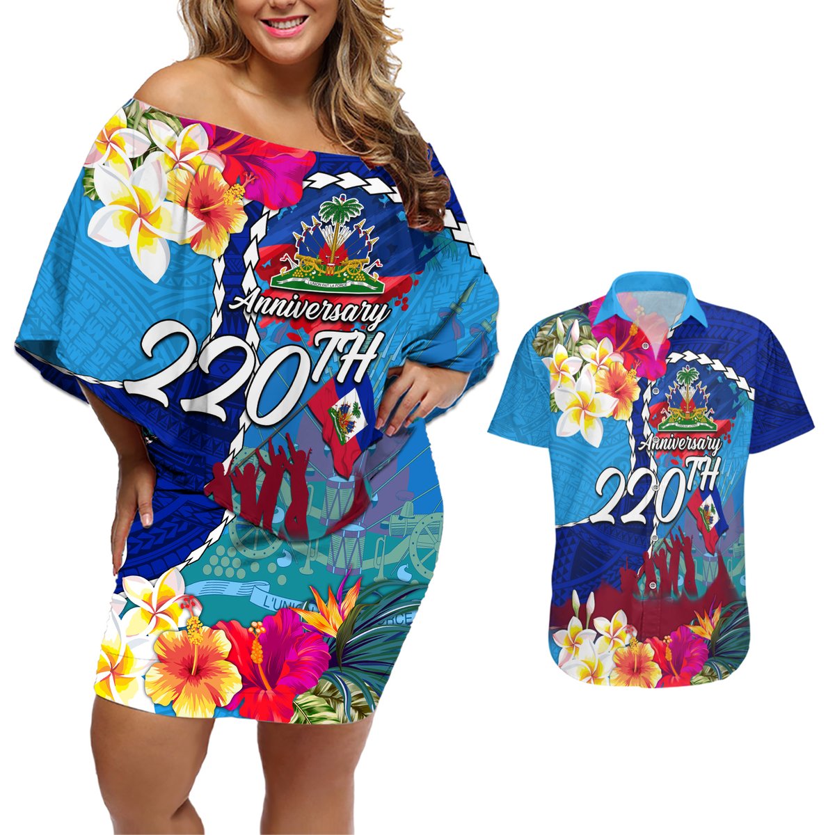 Personalised Haiti 220th Anniversary Independence Day Couples Matching Off Shoulder Short Dress and Hawaiian Shirt Ayiti Flower with Polynesian Pattern LT03 Blue - Polynesian Pride