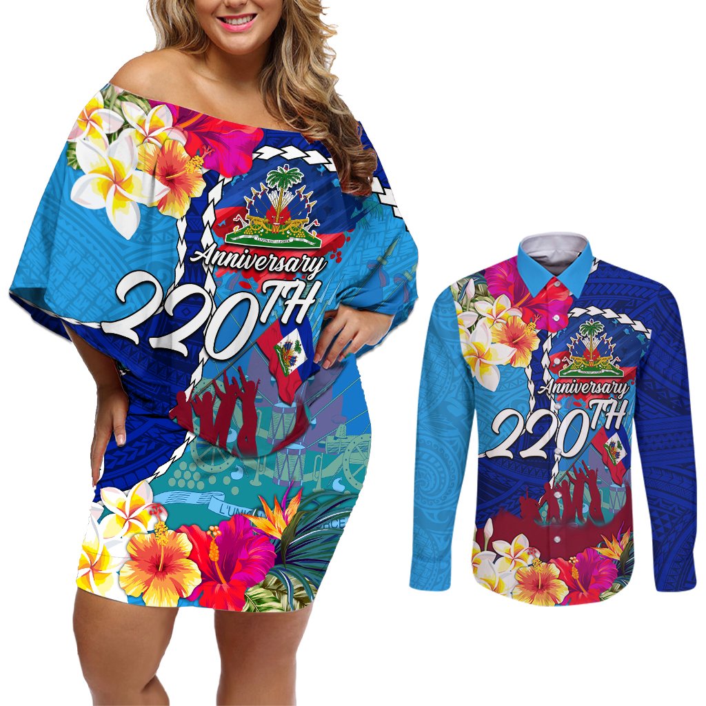 Personalised Haiti 220th Anniversary Independence Day Couples Matching Off Shoulder Short Dress and Long Sleeve Button Shirt Ayiti Flower with Polynesian Pattern LT03 Blue - Polynesian Pride