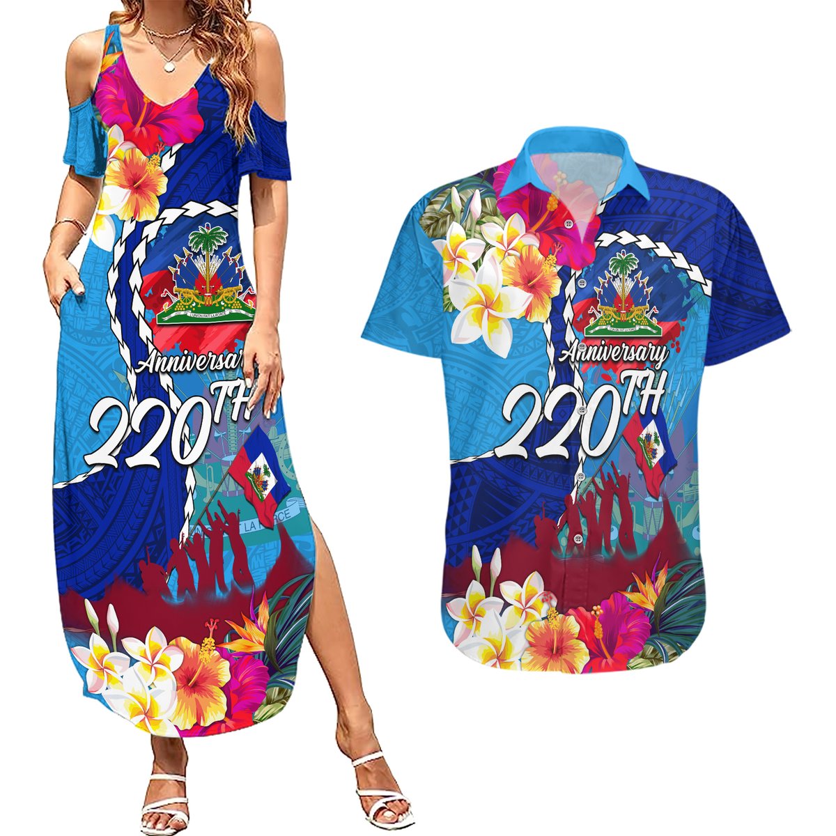Personalised Haiti 220th Anniversary Independence Day Couples Matching Summer Maxi Dress and Hawaiian Shirt Ayiti Flower with Polynesian Pattern LT03 Blue - Polynesian Pride