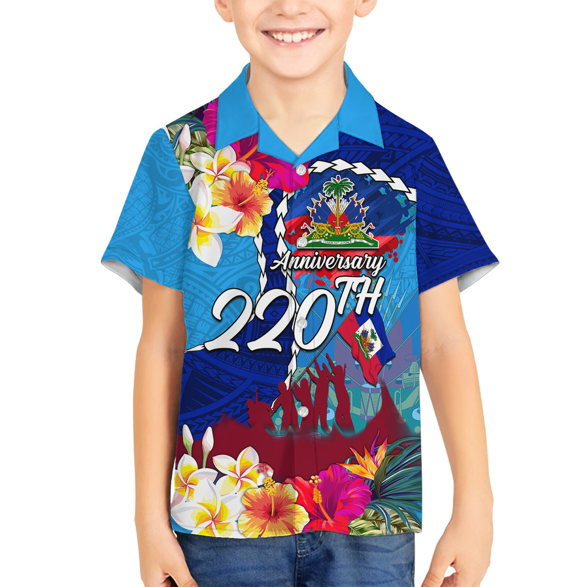 Personalised Haiti 220th Anniversary Independence Day Family Matching Long Sleeve Bodycon Dress and Hawaiian Shirt Ayiti Flower with Polynesian Pattern LT03 Son's Shirt Blue - Polynesian Pride
