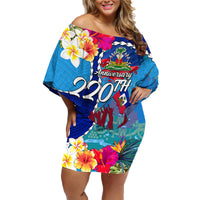Personalised Haiti 220th Anniversary Independence Day Family Matching Off Shoulder Short Dress and Hawaiian Shirt Ayiti Flower with Polynesian Pattern LT03 Mom's Dress Blue - Polynesian Pride