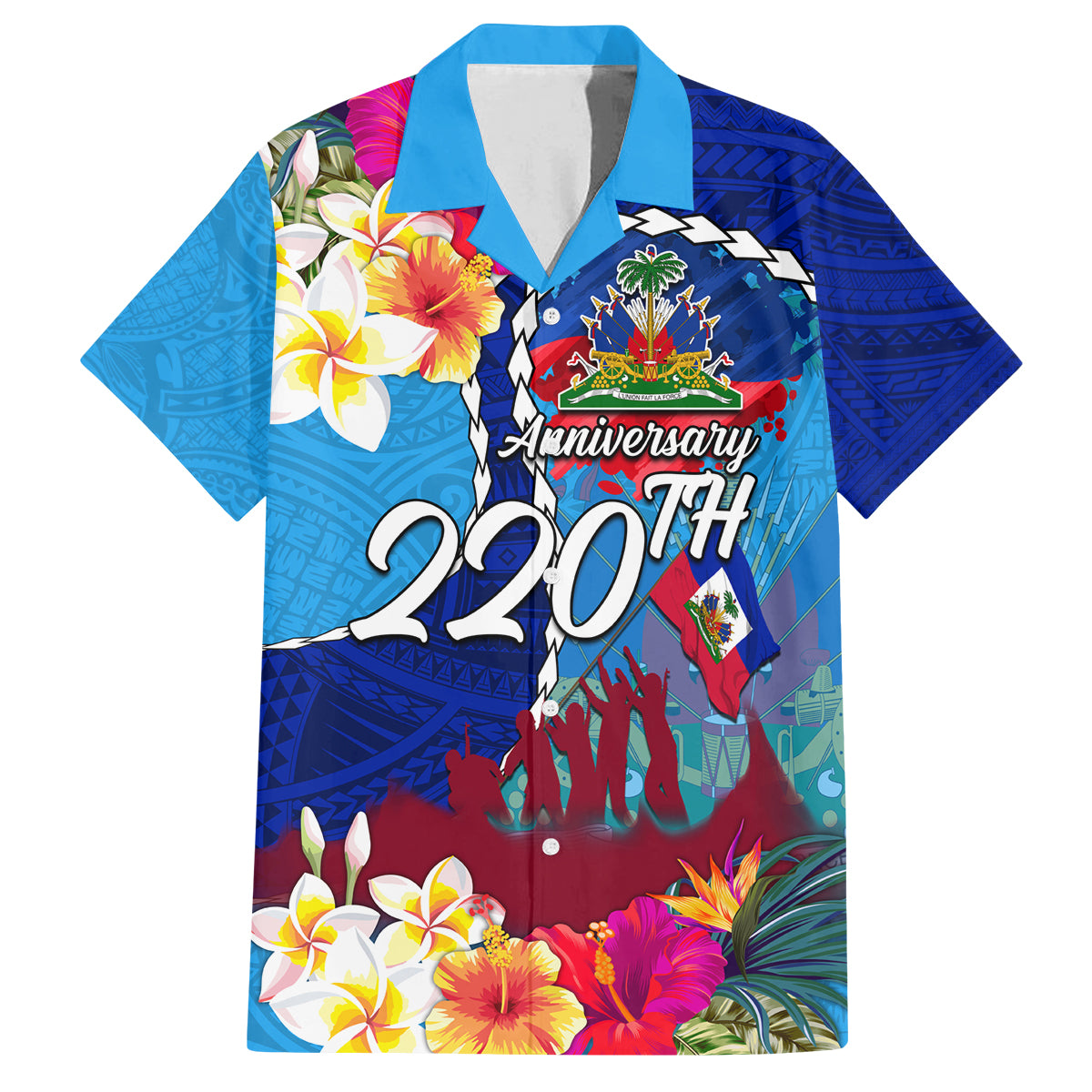 Personalised Haiti 220th Anniversary Independence Day Family Matching Tank Maxi Dress and Hawaiian Shirt Ayiti Flower with Polynesian Pattern LT03 Dad's Shirt - Short Sleeve Blue - Polynesian Pride