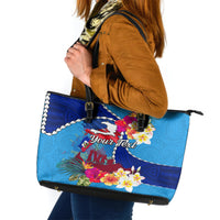 Personalised Haiti 220th Anniversary Independence Day Leather Tote Bag Ayiti Flower with Polynesian Pattern LT03 Blue - Polynesian Pride