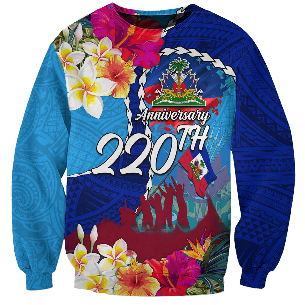 Personalised Haiti 220th Anniversary Independence Day Sweatshirt Ayiti Flower with Polynesian Pattern LT03 Unisex Blue - Polynesian Pride