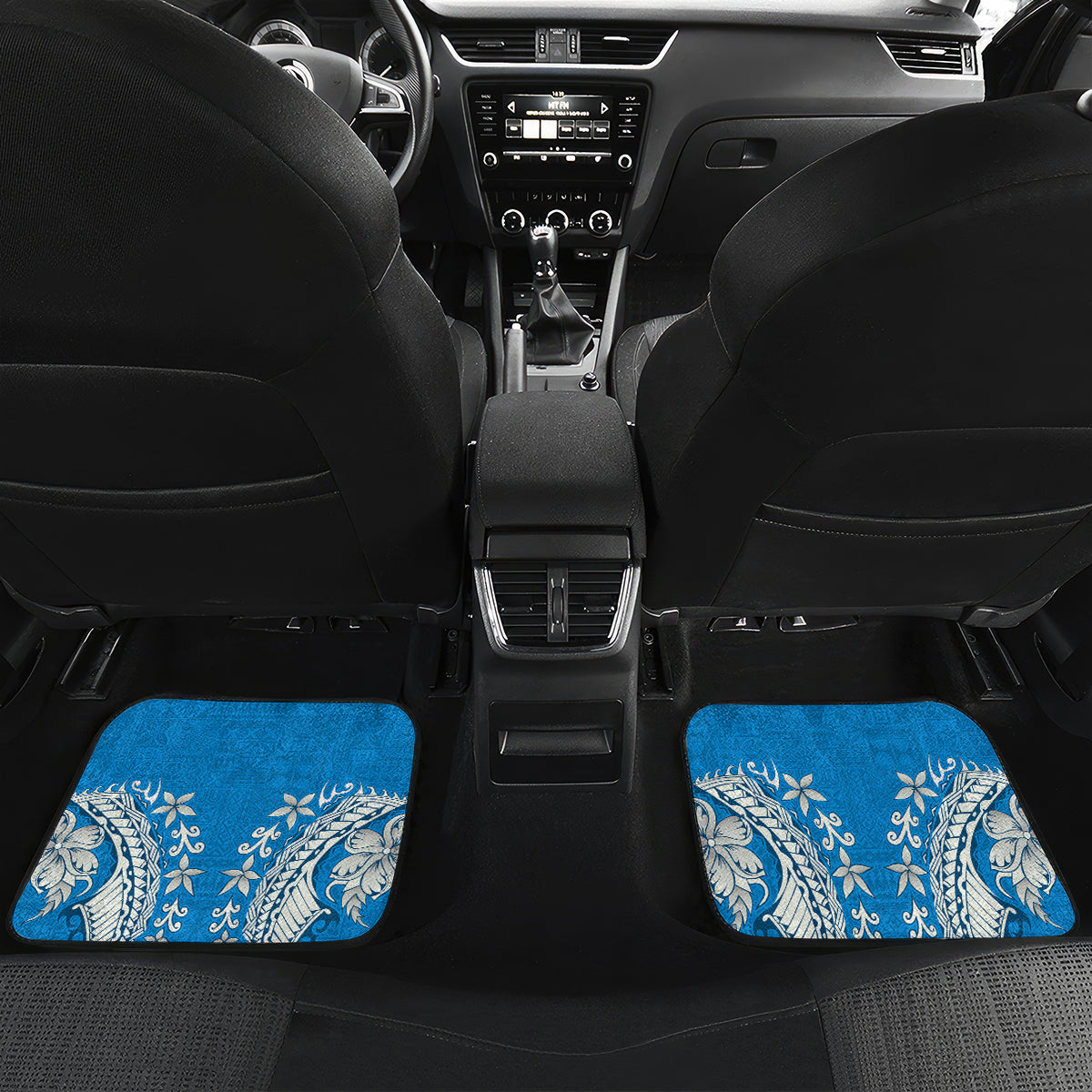 Personalised Haiti Coat Of Arms Car Mats Repiblik d Ayiti Tropical Flower Blue Polynesian Pattern LT03 - Polynesian Pride