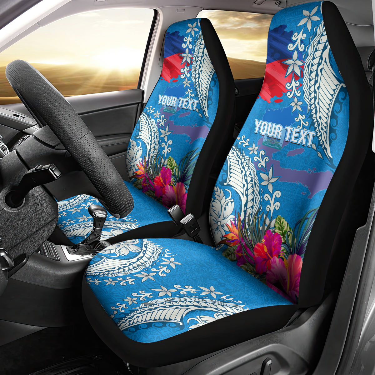 Personalised Haiti Coat Of Arms Car Seat Cover Repiblik d Ayiti Tropical Flower Blue Polynesian Pattern LT03 - Polynesian Pride
