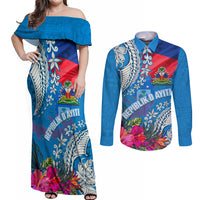 Personalised Haiti Coat Of Arms Couples Matching Off Shoulder Maxi Dress and Long Sleeve Button Shirt Repiblik d Ayiti Tropical Flower Blue Polynesian Pattern LT03 Blue - Polynesian Pride