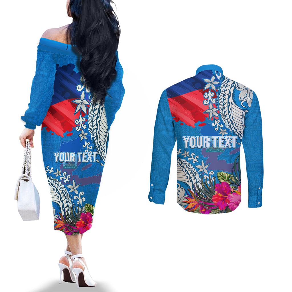 Personalised Haiti Coat Of Arms Couples Matching Off The Shoulder Long Sleeve Dress and Long Sleeve Button Shirt Repiblik d Ayiti Tropical Flower Blue Polynesian Pattern LT03 - Polynesian Pride