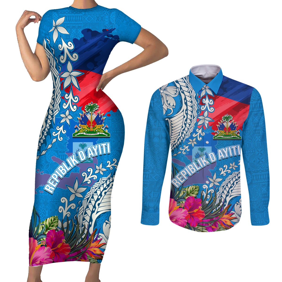 Personalised Haiti Coat Of Arms Couples Matching Short Sleeve Bodycon Dress and Long Sleeve Button Shirt Repiblik d Ayiti Tropical Flower Blue Polynesian Pattern LT03 Blue - Polynesian Pride