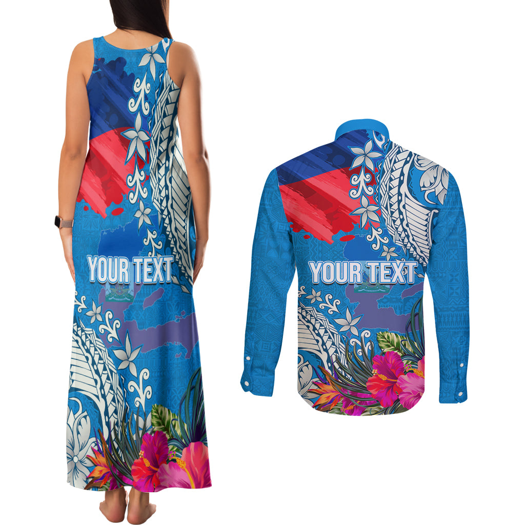 Personalised Haiti Coat Of Arms Couples Matching Tank Maxi Dress and Long Sleeve Button Shirt Repiblik d Ayiti Tropical Flower Blue Polynesian Pattern LT03 - Polynesian Pride