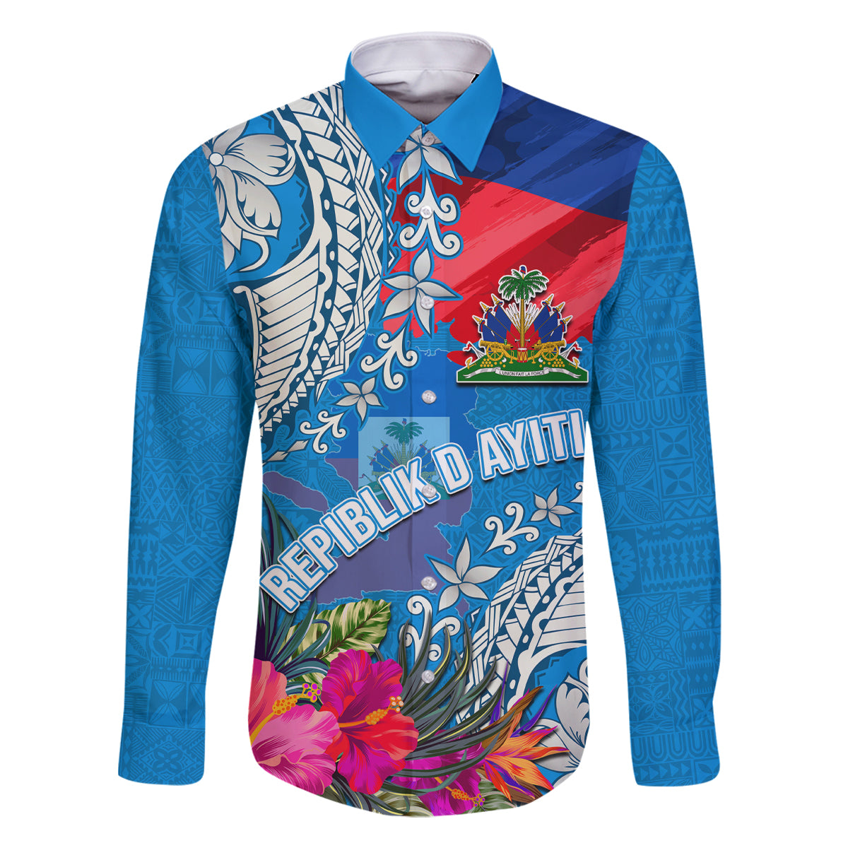 Personalised Haiti Coat Of Arms Family Matching Off Shoulder Maxi Dress and Hawaiian Shirt Repiblik d Ayiti Tropical Flower Blue Polynesian Pattern LT03 Dad's Shirt - Long Sleeve Blue - Polynesian Pride